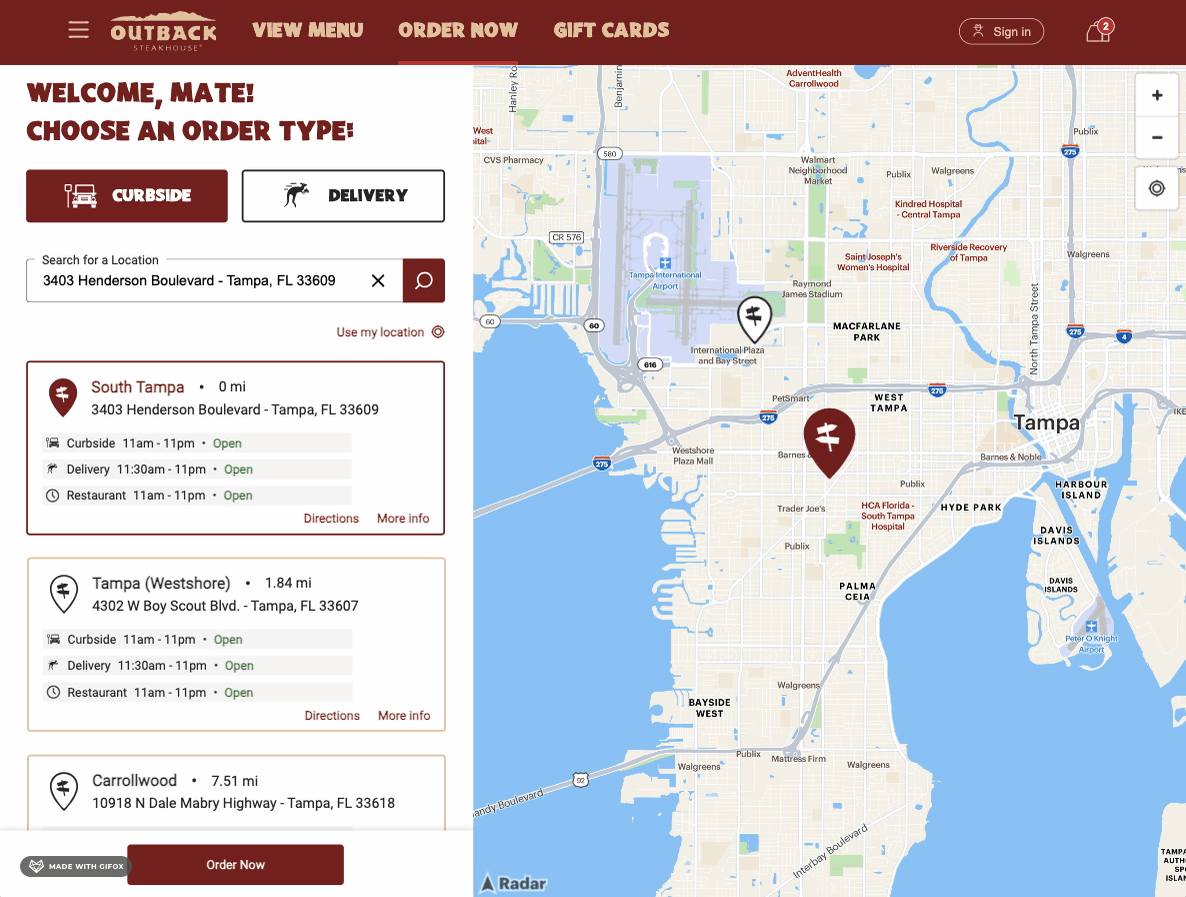 Outback Steakhouse — Location Based Menu